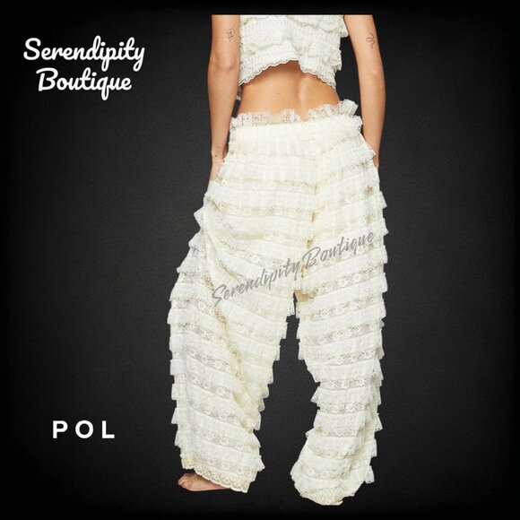 POL Boho Feminine Fluttering All Over Soft Tiered Eyelet Lace Ruffle Wide Leg Pa - Picture 5 of 12